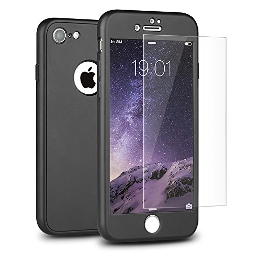 Funda iPhone 8 7 Mothca 360 Grados Cuerpo Completo Ultra-fina Soft TPU Protecci  n Anti-Ara  azos Case Acabado Mate Antideslizante y Anti Fingerprint Frente Atr  s Carcasa   Protector de Pantalla de Vidrio Templado Protecci  n Completa Cover for iPhone 7 8  Negro 