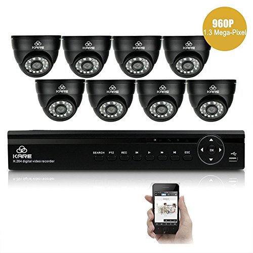 [Advanced 960p HD] KARE® 8CH 1080N Digital Video Recorder CCTV Camera System + 8x Indoor/Outdoor 960P Day/Night Fixed Dome Cameras, Black (960P 1280x960 1.3 Mega-Pixels, P2P Scan And Connect, Clear Night Vision, IP68 Metal Casing Vandal Proof And Waterproof, True High Resolution)