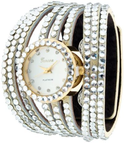 Gold faux leather clear gem studded ladies fashion snap watch