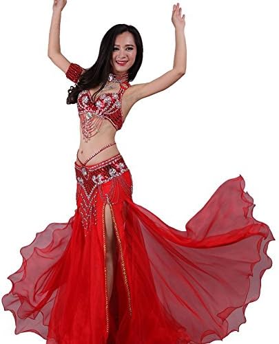 Women Belly Dance Bra Skirt Waistband Neck Arm Wear Handmade Diamond Sequins Beaded Tassel Modern India Professional Performance Costume Practice Set . Red . M