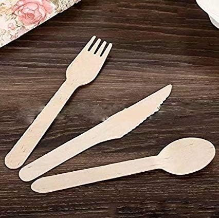 DoyimeBirchwood Disposable Spoons+Forks+Knives - Pack of 100 Wooden Spoons, 100 Wooden Forks, 100 Wooden Knives, Biodegradable, Brown