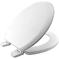 BEMIS Chicago White Toilet Seat. Wooden Toilet Seat with Water Based Paint for Easy Clean. Oval Shape, with Adjustable Plastic Hinges, Universal & Easy Installation, White