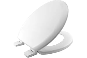 BEMIS Chicago White Toilet Seat. Wooden Toilet Seat with Water Based Paint for Easy Clean. Oval Shape, with Adjustable Plastic Hinges, Universal & Easy Installation, White