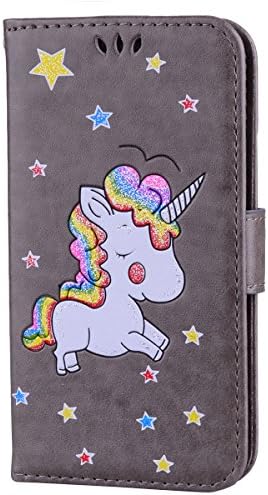 Samsung S5 Leather Case, CXTcase Galaxy S5 Neo Unicorn Wallet PU Leather Flip Case [Kickstand] [Card Holder] Magnetic Protective Phone Cover Glitter Animal Design for Samsung Galaxy S5 / S5 Neo Grey