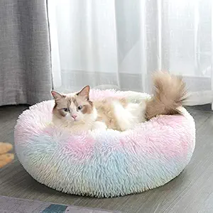 Cat Beds for Indoor Cats, Machine Washable Dog Bed for Small Dogs, Round Fluffy Donut Cuddler Calming Pet Bed, Anti-Anxiety Soft Plush Pet Bed for Puppy and Kitten (23.6''x23.6'', Rainbow)