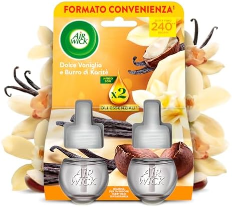 Air Wick Diffusore Elettrico di Oli Essenziali, 2 Ricariche per Diffusore Elettrico alla Fragranza Dolce Vaniglia e Burro di Karitè, Profumatore per Ambienti Elettrico con Oli Essenziali