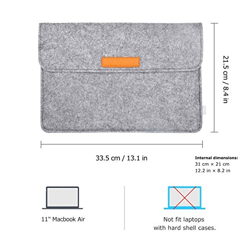 Inateck Macbook Air 11 Zoll Filz Sleeve Hülle Ultrabook Laptop Tasche für 11 Zoll Apple Macbook Air, Verschluss mit Klettband, Grau - 2
