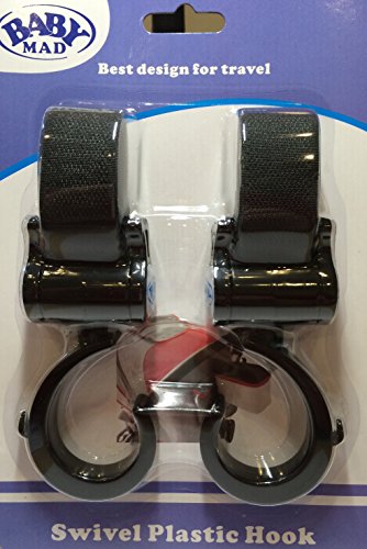 BabyMad® Hook and Stroll - Pram/Buggy/Pushchair Swivel Hooks Universal Secure Fit Strong Velcro Straps - TWIN pack