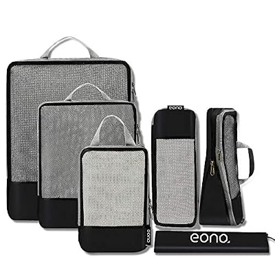 Eono Amazon Brand: Eono Essentials Organiseurs de Bagage, Bagage Sac Compression pour Voyage Maquillqage Vêtement, Sac Organisateur Rangement de Valise, Compression Packing Cubes, Noir, 6 Set