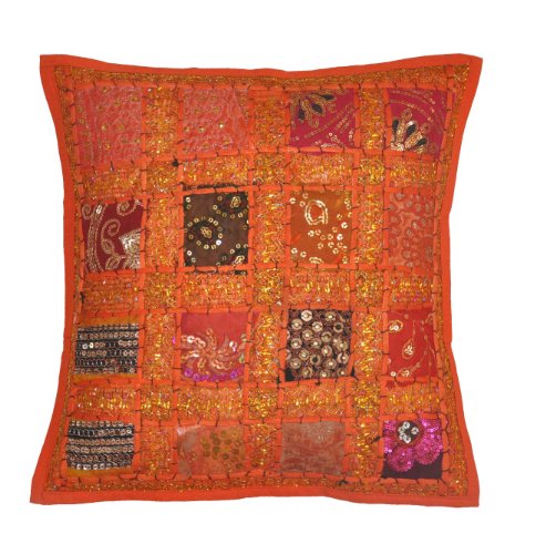 2 Pcs Indian Vintage Home Decor Cotton Kissenbezug mit Stickerei & Patchwork, 41 x 41 cm (Orange) - 2