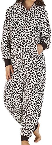 Ladies Luxury Soft Fleece Brown Dalmation Spotted Hooded Onesie Jumpsuit Pyjamas Medium 12 to 14