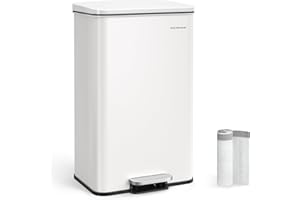 SONGMICS Mülleimer Küche, 40 Liter Abfalleimer, großer Tretmülleimer, mit Deckel, aus Stahl, Softclose, inklusive 15 Müllbeutel, weiß LTB540W4002