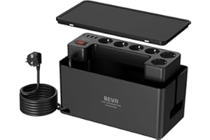 Multiprise Cachée avec Cable 2M + 1050J Parafoudre et Surtension, BEVA Boite Rangement Cable et Multiprise, 6 Prises Multiple avec 3 USB-A+1 USB-C (15W), Boite Multi Prise Rangement, Noir