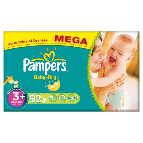 Pampers Baby Dry (Midi +) Nappies Mega Box - Size 3+ (92 Nappies)