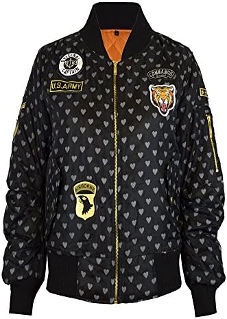 Vanilla Ink New Kids Girls Childrens Bomber Ma1 Style Pilot Biker Jacket Coat Top Age 7-13 (Age 11-12, Black With Heart Print)