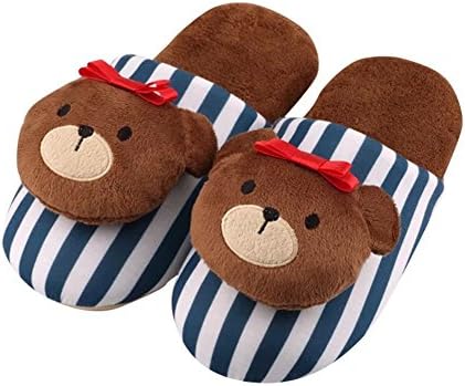 Yiwant Women's Slippers Comfort Cotton Cartoon Bear Stripes Washable Flat Closed Toe Ultra Lightweight Indoor Shoes with Non-Slip Sole, Blue - Style #2