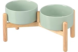 SPUNKYJUNKY Cuenco de Cerámica para Perros Cuenco Elevado para Comida y Agua con Soporte de Bambú para Perros Medianos y Grandes (850 ml, Verde Claro)
