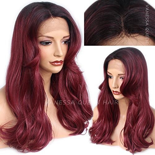 Vanessa Queen Lace Front Wigs Synthetic Burgundy Ombre Dark Roots 2 Tones Medium Length Wavy Glueless Lace Front Wig Replacement Wig For Women 20 Inch