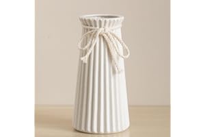 JUZAI White Ceramic Vase for Flowers and Pampas Grass, Small Ribbed Vase in Modern Nordic Rustic Style for Home Decor, 8 Inch Decorative Table Vase for Centerpieces - Natural White