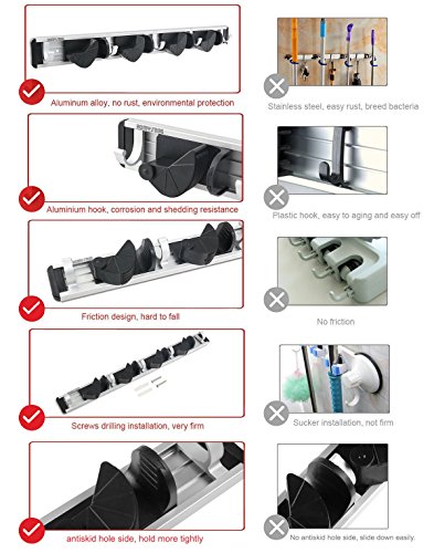 HomySnug Gerätehalter – Aluminium Wandhalter Ordnungsleiste für Besen, Mopp und Gartenwerkzeuge mit 5 Haken und 4 Schnellspannern - 2