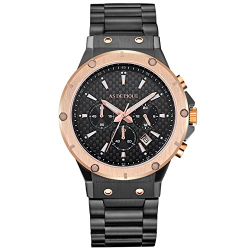 AS DE PIQUE Master Quarzuhr Chronograph Datum Stoppuhr 100 Meter wasserdicht Carbon Ziffernblatt schwarz rosegold AS DE PIQUE Master Quarzuhr Chronograph Datum Stoppuhr 100 Meter wasserdicht Carbon Ziffernblatt schwarz rosegold