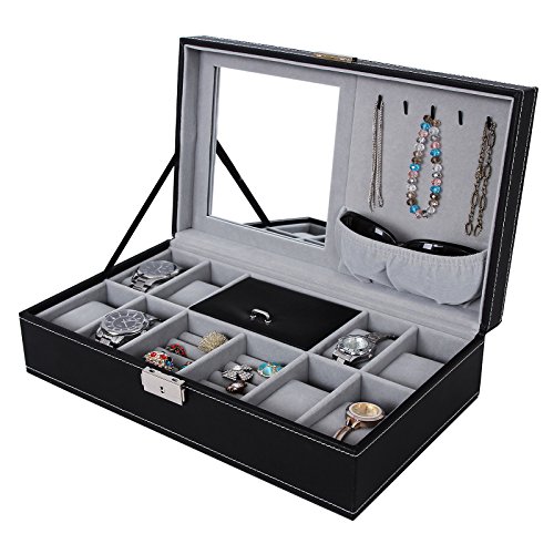 Songmics Uhrenkoffer mit Spiegel Haken Schwarz 8 Uhren JWB41B - 2