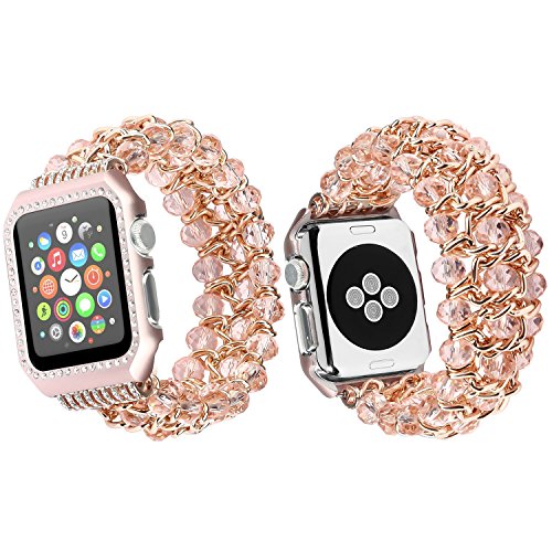 Preisvergleich Produktbild Qianyou Apple Watch Armband mit Hülle,38mm Perlenarmband Apple Watch Elastisches Uhrenarmband Armbänder mit Edelstahl Case für Apple Watch Series 1 Series 2 Series 3 Sport Edition Nike+,Rosa