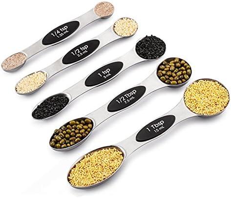 Magnetic Measuring Spoons Set of 5 for Cooking and Baking 2 in 1 Double Sided Stainless Steel Kitchen Spoon by KAISHAN