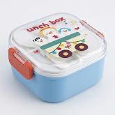 Deconox 600 ml Yemek Kabı, 4 B&ouml;lmeli Kilitli Lunch Box, Kaşık Dahil Renkli Desenli Saklama ve Taşıma Kabı, 14x14x8 cm