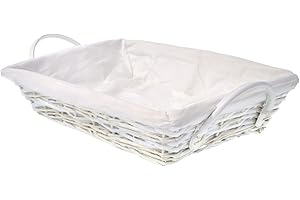 HERSIG - Bandeja Mimbre Natural | Cesta Rectangular con Forro y Asas - 45 x 30 x 10 cm - Blanco
