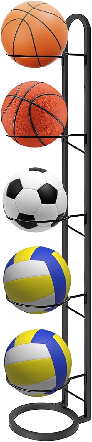LURICO Soporte vertical para pelotas de 5 niveles, estable para 5 pelotas, extraíble y ahorra espacio, robusta estantería de almacenamiento para baloncesto, fútbol y voleibol