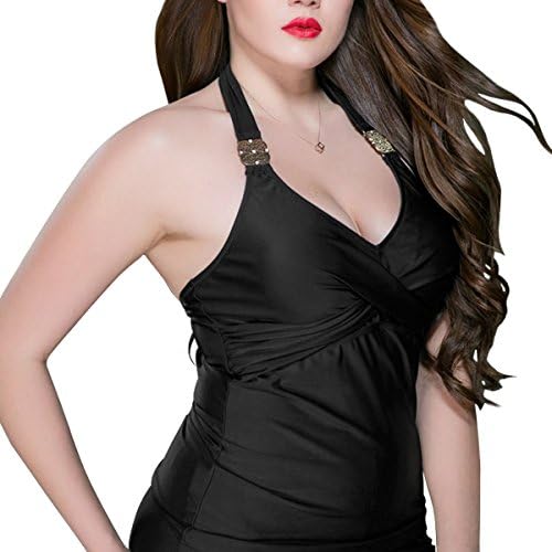 RoxZoom Women's Plus Size Hanging Neck Bikini Swimsuit Tops Solid Color Swimwear Tops - Black, 4X-Large