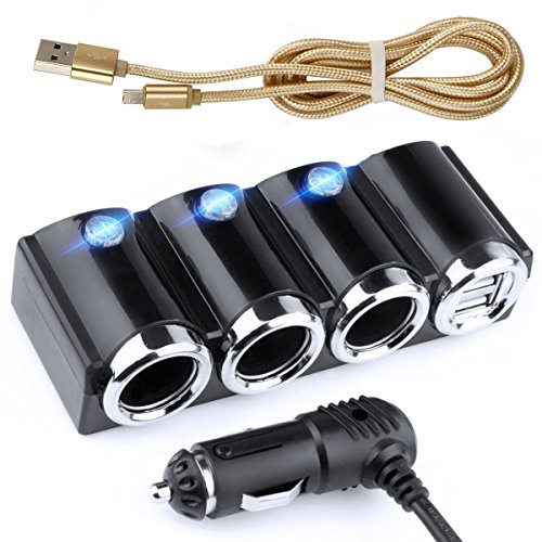 KFZ 12V/24V Auto Verteiler 5 Fach - 3x Zigarettenanzünder Adapter mit 2x USB Ladegerät 120W + Kabel 2in1 microUSB/Lightning für Handy Smartphone GPS Navigation - Ladesteckdosen LED