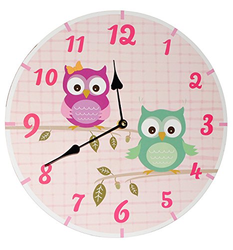 Wanduhr aus Holz - " lustige Eulen " - 34 cm groß - sehr leise ! - Uhr - Analog - Kinderzimmer & Wohnzimmer - Blätter Holzuhr / für Kinderuhr - Eulenmotiv - für Jungen Mädchen Kinder - Eule
