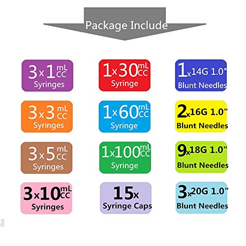 15 Pack (100ml/60/30 ml je 1 Stück, 10 ml/5 ml/3ml/1ml je 3) Spritzen mit Stumpfe Spitze Füllen Nadeln und Aufbewahrung Kappen (Luer Lock) - 2