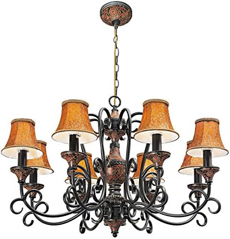 Luxurious pendant chandelier hammered black iron polyresin black and red fabric shade country house 8-bulb exl, E27 8x60W 230V
