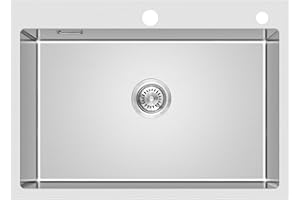 KEOKBON Spülbecken 65 * 50 * 19cm Handgefertigte 304 Rostfreier Stahl Waschbecken mit Wasserhahnloch,28mm) mit Ablauf-Set, 1 Becken Stahlspüle Waschbecken