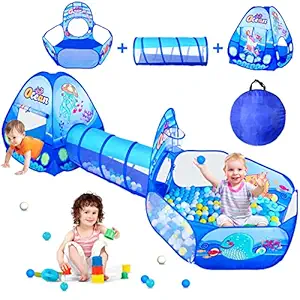 PATPAT 3 in 1 Marine Theme Play Tent for Boys Girls, Summer Indoor Outdoor Ball Pool Tent Toy,Playhouse for Kids and Toddlers, Kids Tunnel Tent ,Gifts for Kids (Blue Marine Ball not Included)