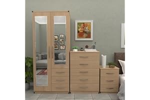 GENERIC Ready 3-Piece Bedroom Furniture Set, 2-Door Mirrored Wardrobe with Drawers, 5-Drawer Chest, 3-Drawer Bedside Table (Oak)