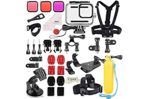 Kuptone Zestaw akcesoriów 52 w 1 do GoPro Hero 8 czarny, wodoodporny pokrowiec 3 filtry gumowe etui na klatkę piersiową/głowę/pasek na nadgarstek rower/samochód plecak klips