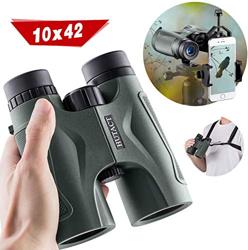 HUTACT Jumelles 10x42 Vert Foncé, BAK4 Prism Convient pour L'observation des Oiseaux, Camping et Voyage, Connecteur de Trépied Gratuit, Double Bandoulière, Boussole et Clip de Téléphone