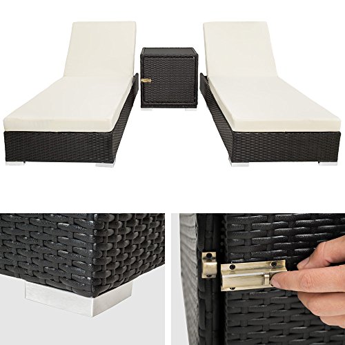 TecTake 2x Aluminium Polyrattan Sonnenliege + Tisch Gartenmöbel Set - schwarz - inkl. 2 Bezugsets + Schutzhülle, Edelstahlschrauben