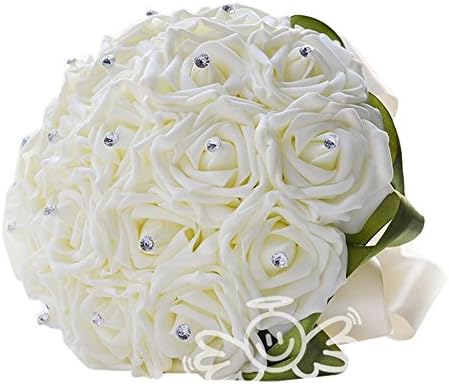 Romantic bridal bouquets handmade pe rose wedding bouquets rhinestone pearl flower with satin ribbon artificial real touch ivory