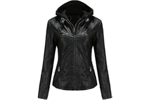 DISSA Veste Cuir Femme Fermeture éclair Veste Motard Similicuir Slim à Capuchon Court Veste,C6699N