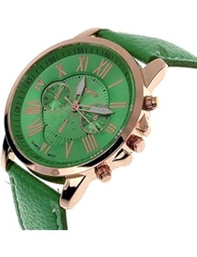 FEITONG Damenuhr Mode Römischen Ziffern Kunstleder Analoge Quarz Armbanduhr Grün Neu