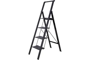 BAOYOUNI Escabeau Pliable à 4 Marches en Aluminium Échelle Domestique Portable Antidérapant avec Barre d’appui de Sécurité et Larges Pédale, Léger en Robuste pour Ménage, Bureau, Peinture et Décoratif