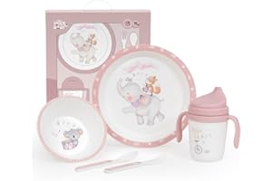 Juego de Vajilla Bebe Interbaby | Set Vajilla Infantil 5 Piezas Plato Llano, Bo, Cuchara, Tenedor y Vaso Antigoteo Aprendizaje | Apta para Microondas y Lavavajillas, Mayores de 6 Meses