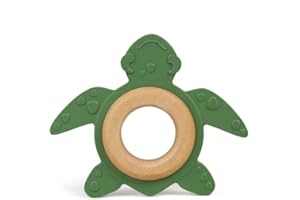 GRÜNSPECHT Mordedor orgánico de caucho natural con anillo de madera, ayuda dental y juguete, masajea las encías, libre de BPA, promueve las habilidades motoras finas, tortuga, verde (689-00)