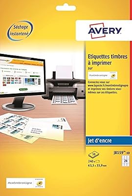 Avery J8159 Boîte de 240 Etiquettes Autocollantes pour Timbres (24 par Feuille) - 63,5x33,9mm - Impression Jet d'Encre - Blanc