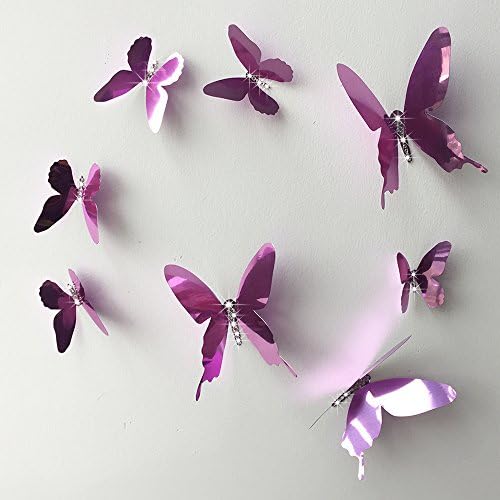 3D Mirror Butterfly Wall Stickers, Carryme DIY Craft Self-Adhesive Wall Mural Art Decals with Central Rhinestone Gem Crystal Paste Decor for Home Wedding Shop Doors Window Bathroom Fridge Baby Kids (Pink)